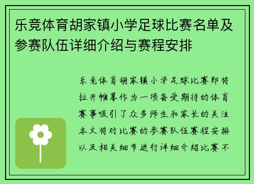 乐竞体育胡家镇小学足球比赛名单及参赛队伍详细介绍与赛程安排