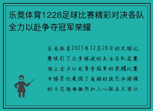 乐竞体育1228足球比赛精彩对决各队全力以赴争夺冠军荣耀